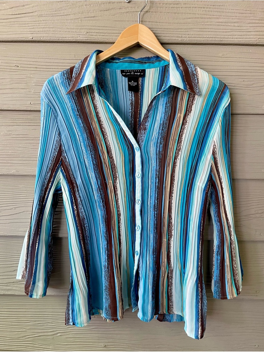 SOLD /. Vintage Y2K Plissé Striped Blouse XL Office Siren Stretch Top